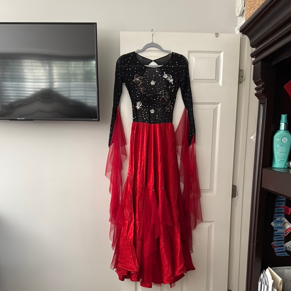 Women Elegant Black and Red ballroom dance dress with Sheer Sleeves size s-m